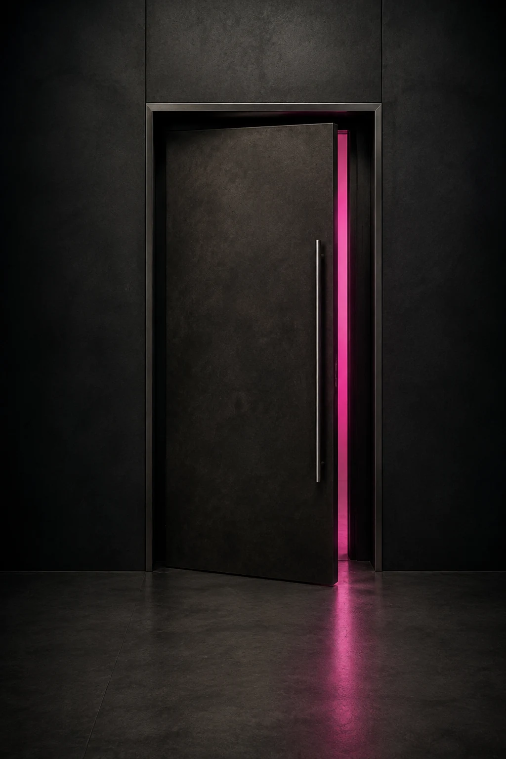 A dark architectural doorway opening onto a vivid pink light